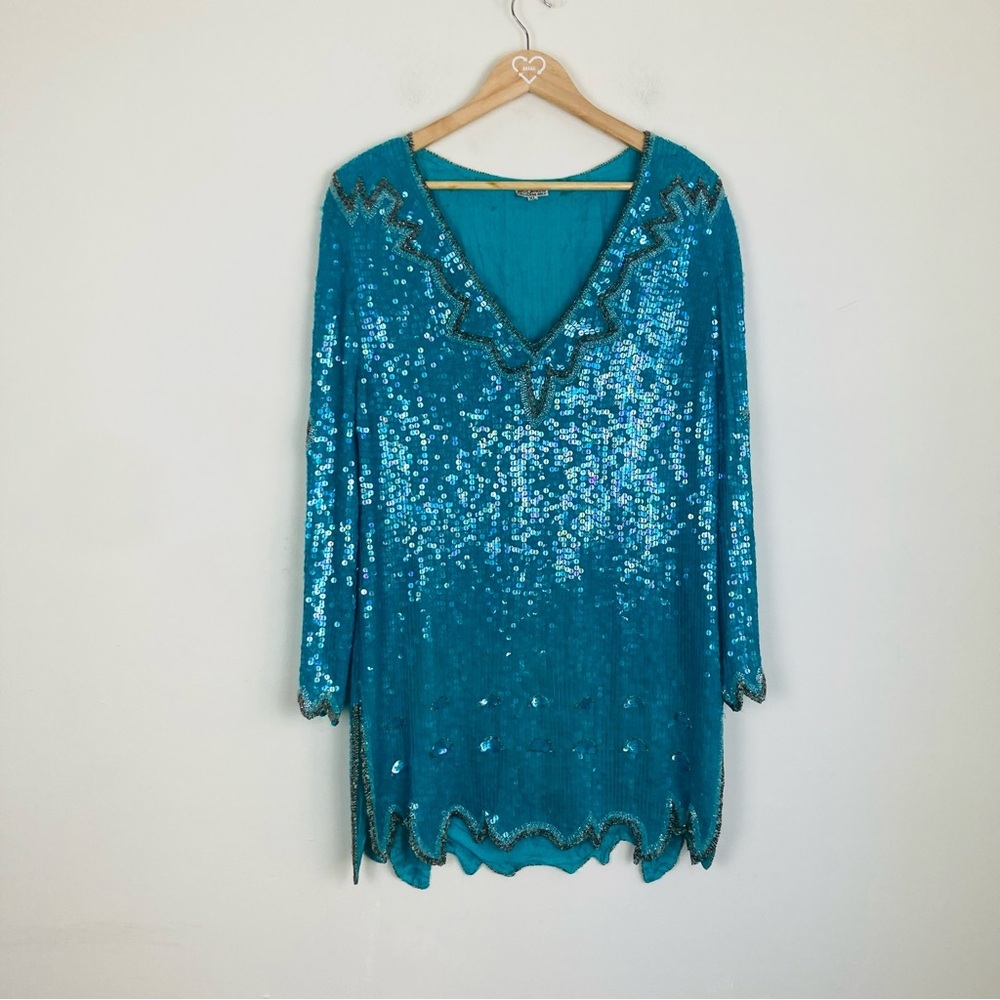 Vintage silk sequined and beaded turquoise blue and silver tunic top. XL
